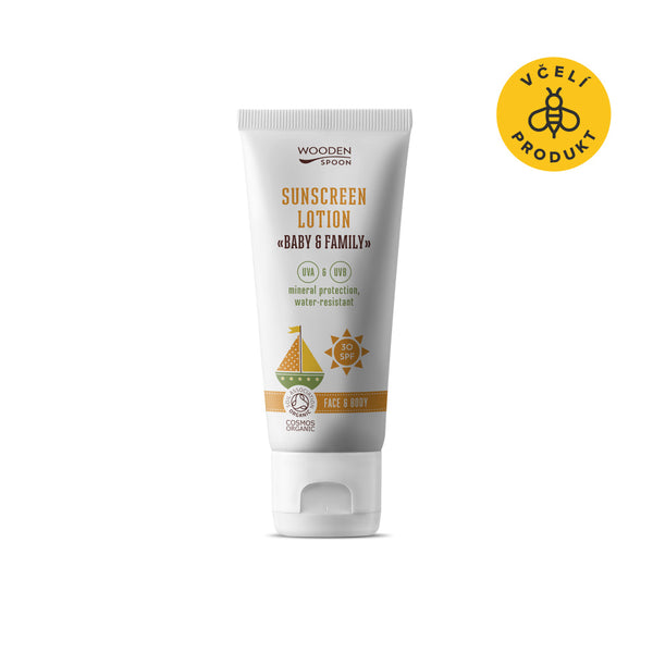 Drevená lyžička Telové mlieko na opaľovanie v tube Baby & Family SPF 30 <tc>BIO</tc>